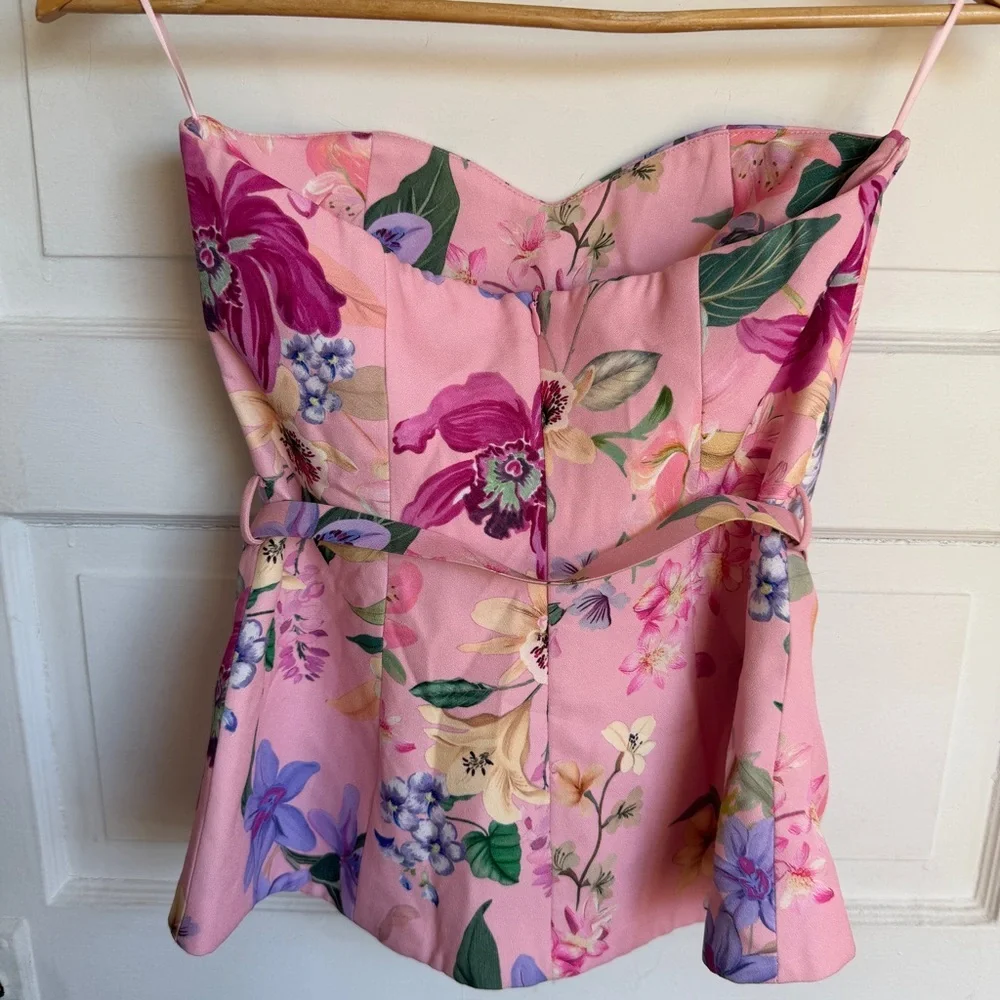 Zara Floral Sweetheart Corset Top Belted Bardot Pink NWT XS - Picture 6 of 10